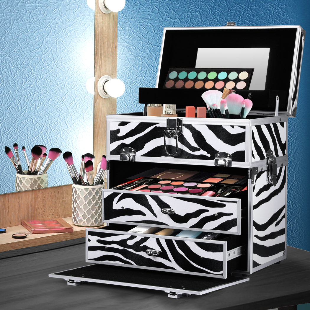 Professional Makeup Cosmetic Case Organizer Storage Box Bag Aluminium Zebra