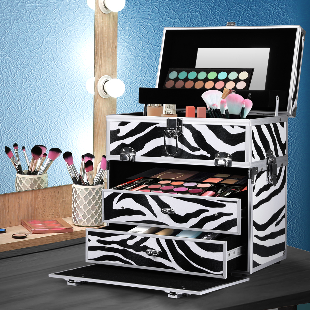 Portable Makeup Case Cosmetic Organiser Box Beauty Travel Suitcase 5 in 1 Zebra