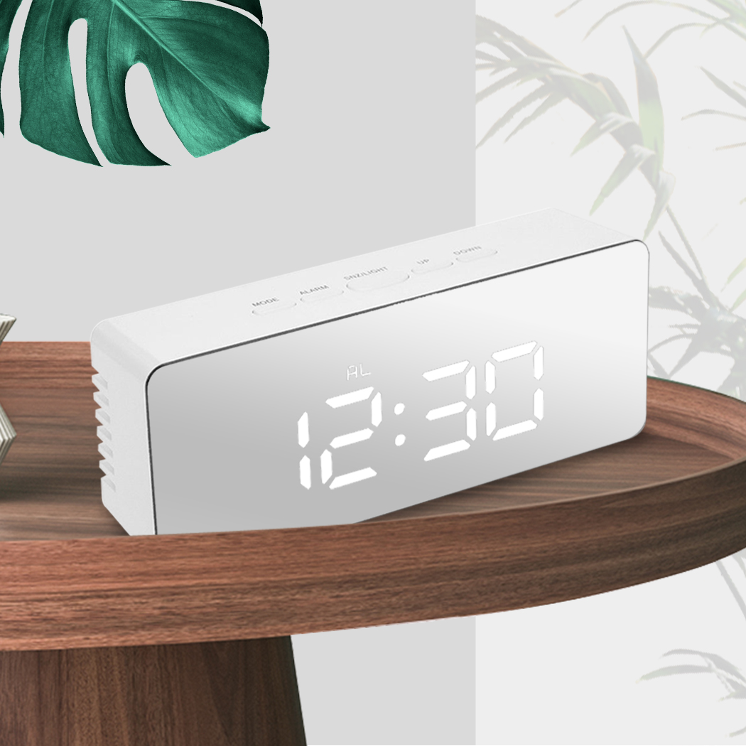 LED Digital Alarm Mirror Clock Desk Table Temperature Time Snooze USB Battery