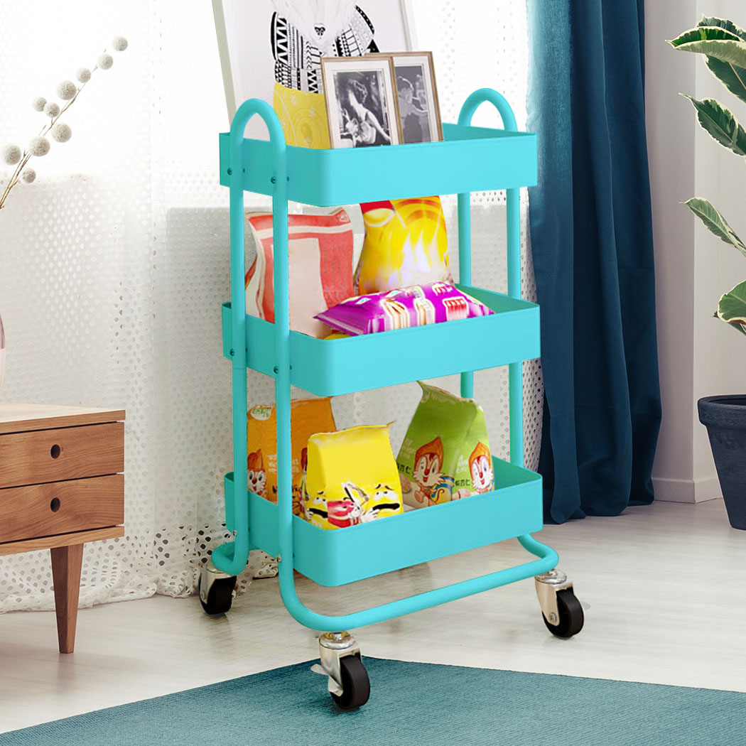 Levede 3 Tiers Kitchen Trolley Cart Steel Storage Rack Shelf Organiser Blue