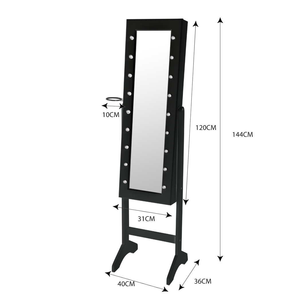 Levede Full Length Standing Mirror Jewellery Dressing Cabinet  LED Light Black