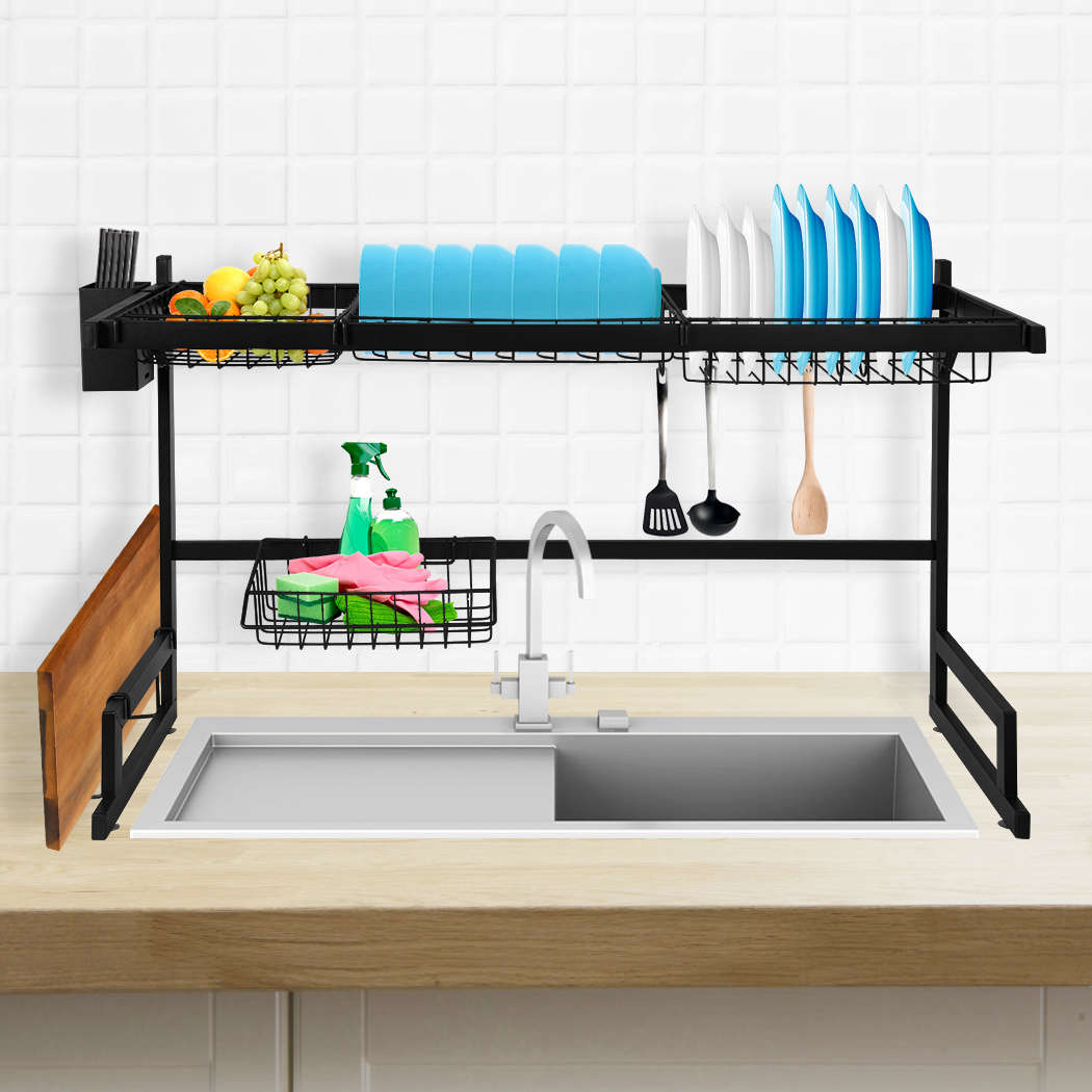 TOQUE Dish Drying Rack Over Sink Steel Black Plate Dish Drainer Organizer 2 Tier