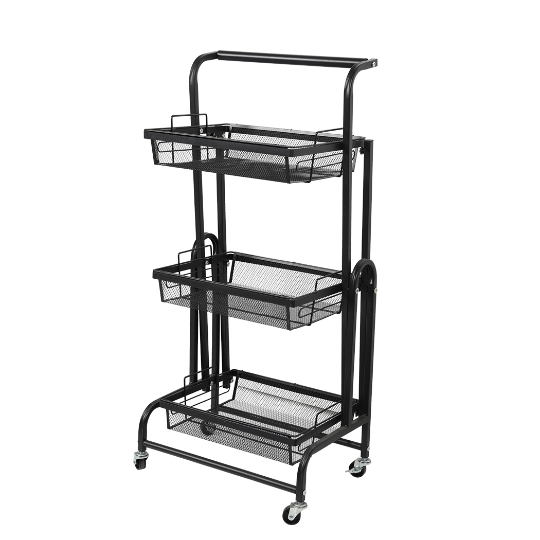 TopSellers-3 Tier Kitchen Trolley Cart - Adjustable Black Mobile Organizer