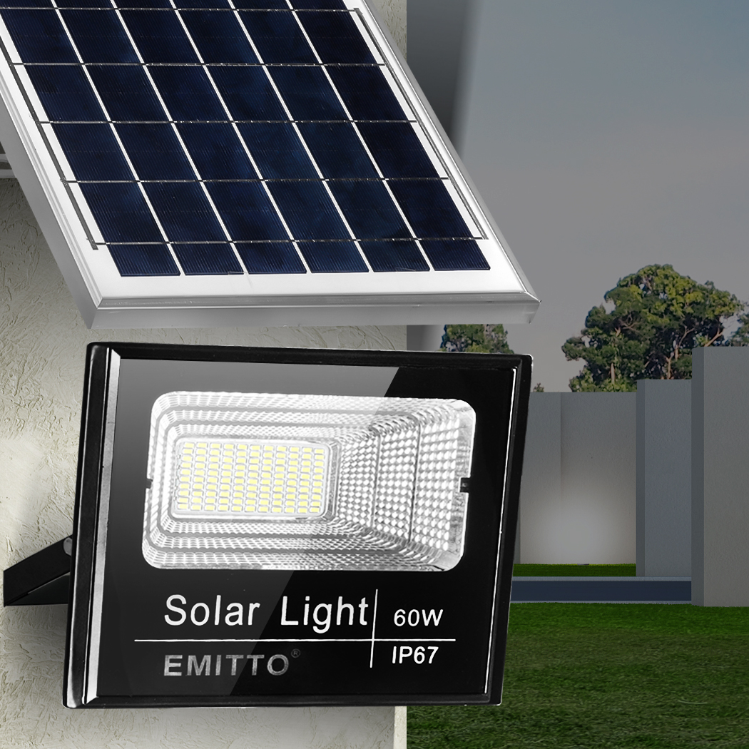 EMITTO LED Solar Sensor Flood Light Street Outdoor Garden Remote Security 60W