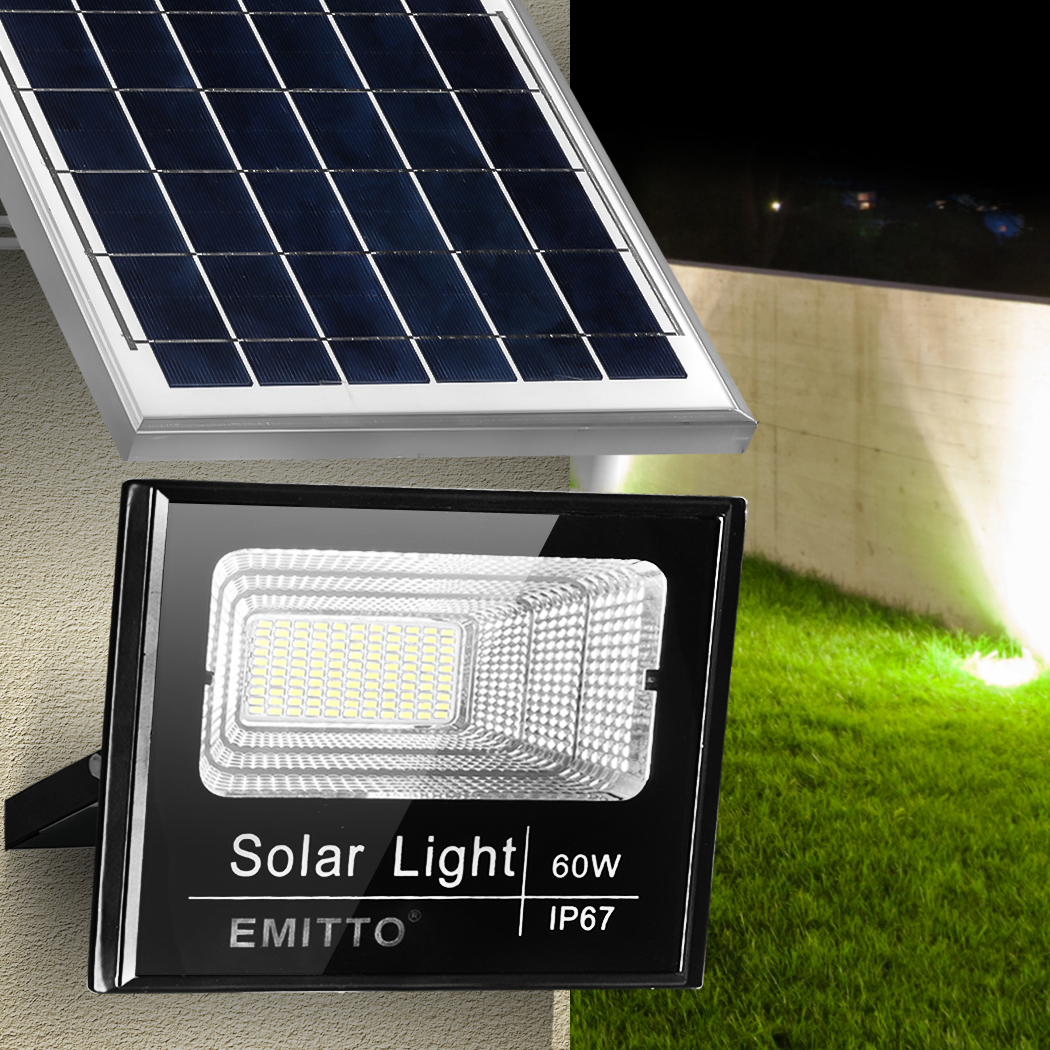 EMITTO LED Solar Sensor Flood Light Street Outdoor Garden Remote Security 60W