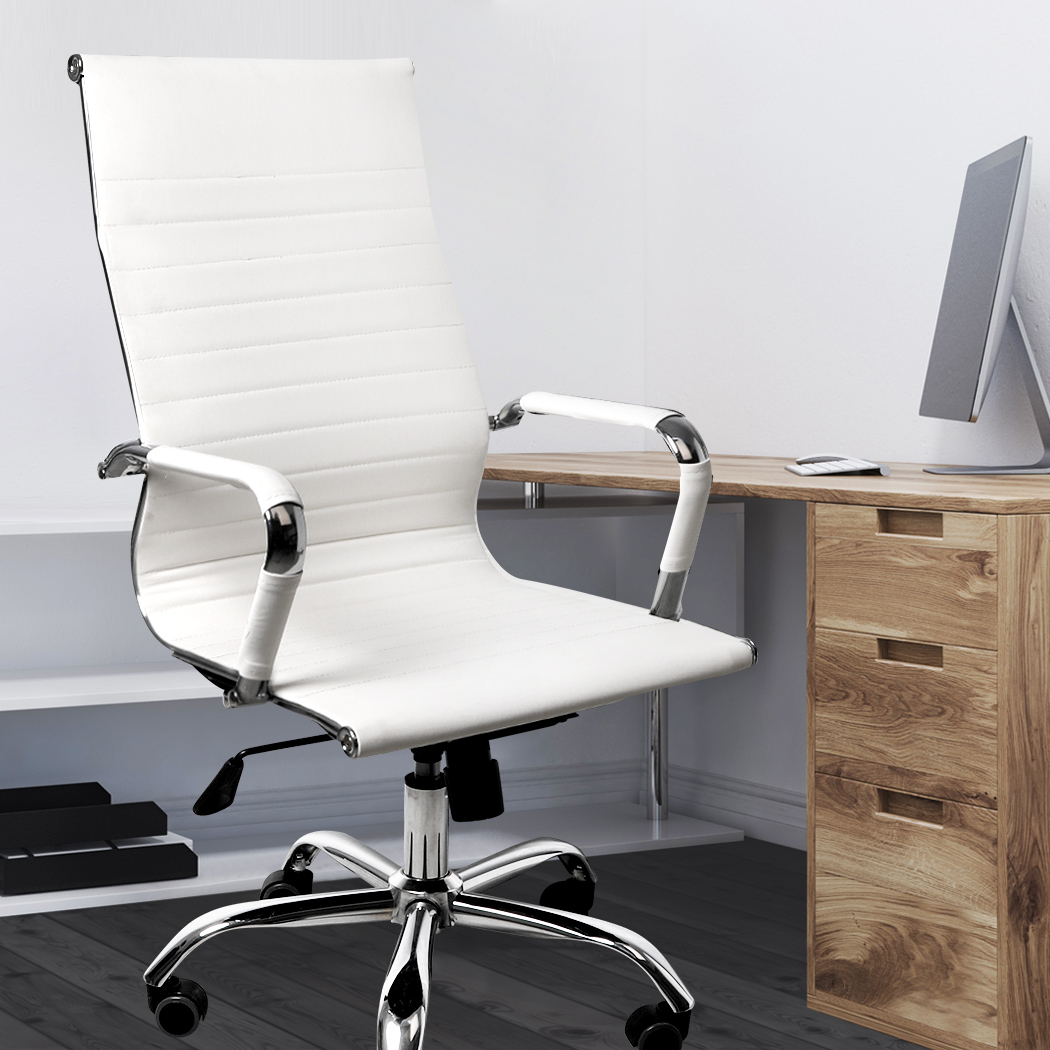 2x Office Chair Gaming Chairs Executive High-Back Computer PU Leather Seat White