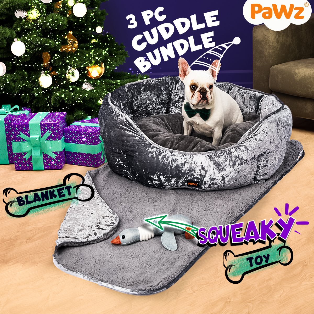 Pawz New Dog Calming Beds Set Large Removable Cover Puppy Chew Toy With Blankets - Picture 23 of 32