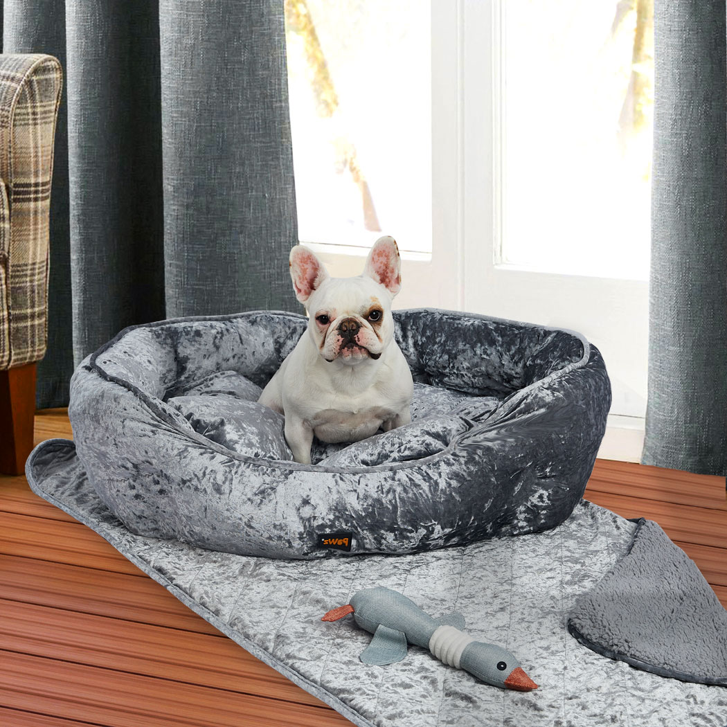 PaWz Pet Bed Set Dog Cat Quilted Blanket Squeaky Toy Calming Warm Soft Grey L