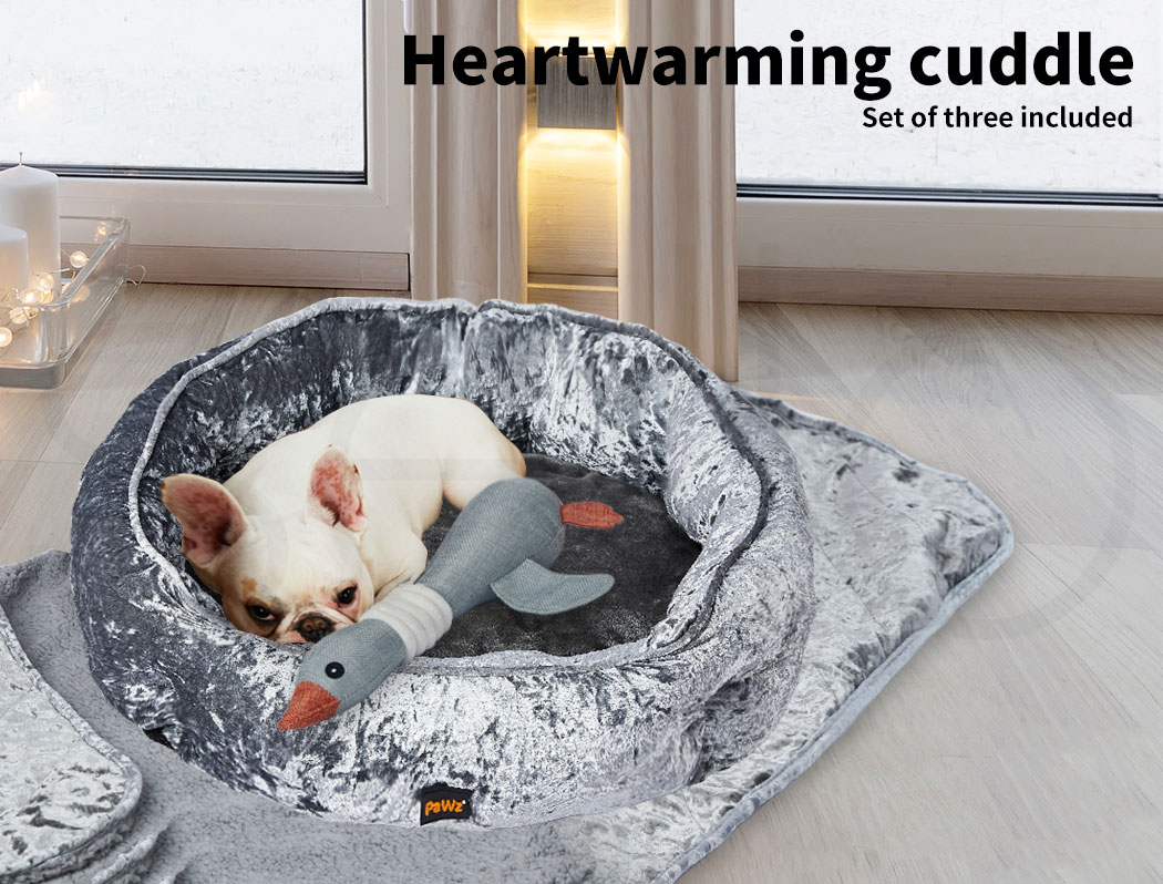Pawz Dog Calming Beds Set Removable Cover Blanket With Puppy Chew Toy Grey Large - Picture 25 of 34