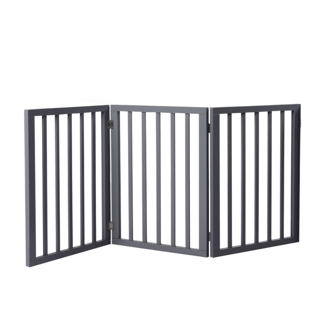 TopSellers-Retractable Wooden Pet Gate Grey - Easy Folding Dog Cat Safety