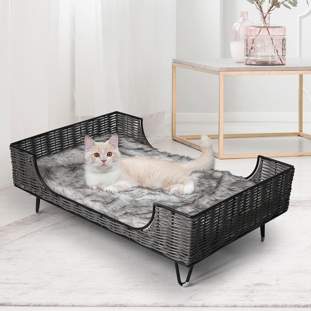 PaWz Elevated Pet Bed Dog Puppy Cat Rattan Raised Kennel Weave Basketd Large
