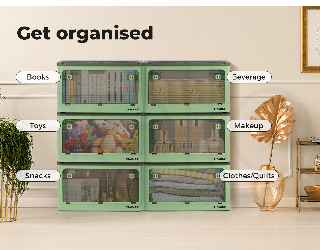 Stacked Storage Box Stackable Bin Organiser Foldable 5 Lid Wheels Large Capacity - Picture 89 of 120