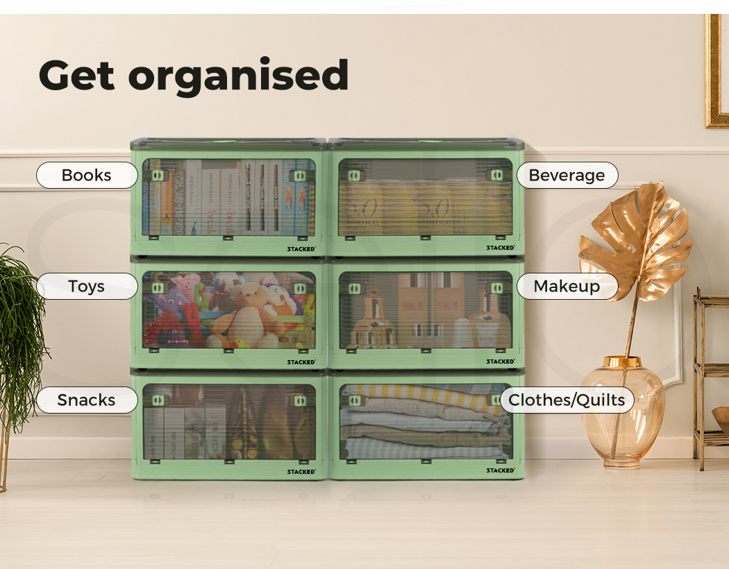 Stacked Storage Box Stackable Bin Organiser Foldable 5 Lid Wheels Large Capacity - Picture 53 of 120