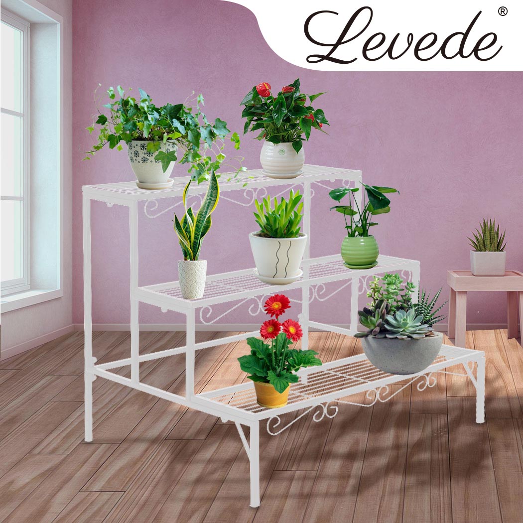 Levede Plant Stands Outdoor Indoor Metal White Flower Pot 3 Garden Corner Shelf
