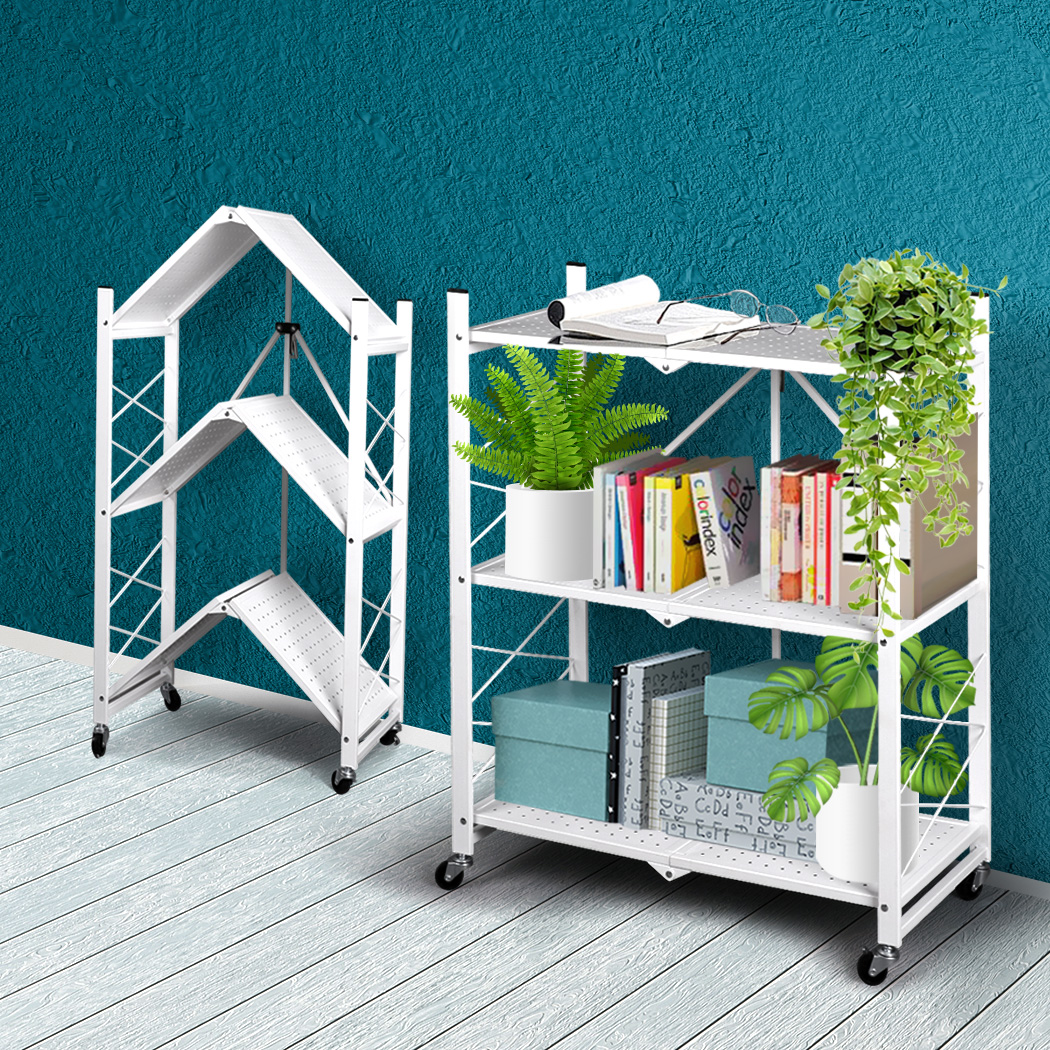 Levede Foldable Storage Shelf Display Rack Bookshelf Bookcase Wheel Cart Stand