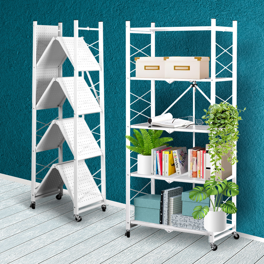 Levede Foldable Storage Shelf Display Rack Bookshelf Bookcase Wheel Cart Stand