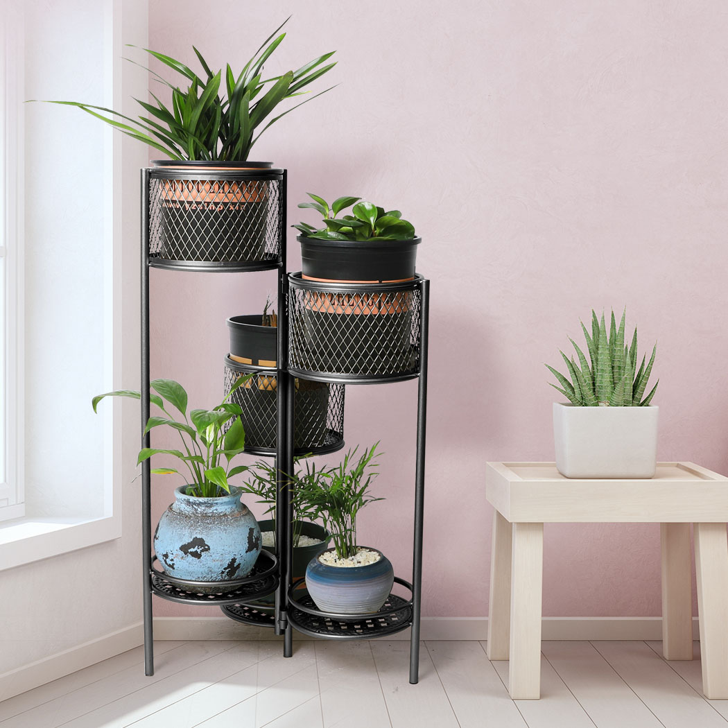 Levede 6 Tier Plant Stand Swivel Outdoor Indoor Metal Flower Shelf Black Garden
