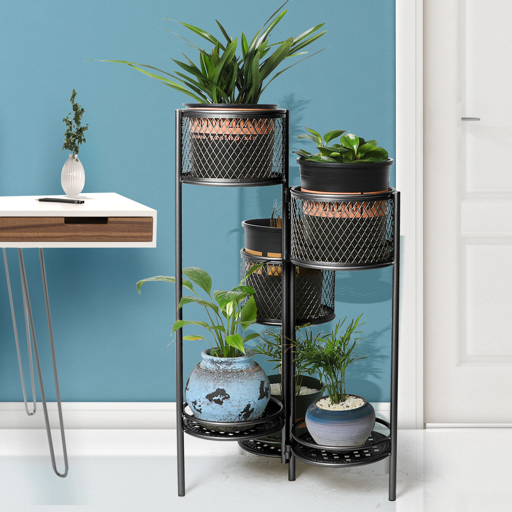 Levede 6 Tier Plant Stand Swivel Outdoor Indoor Metal Flower Shelf Black Garden
