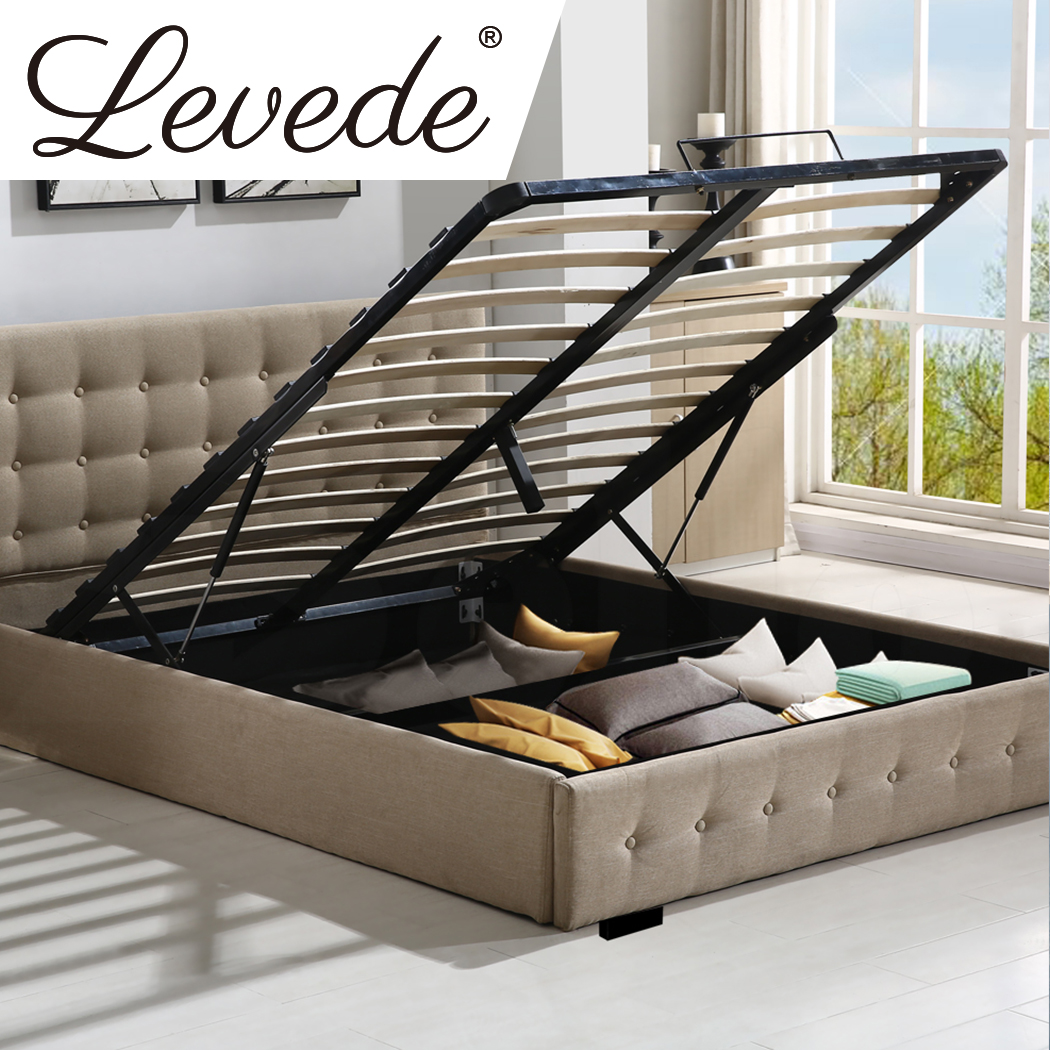 Levede Bed Frame Base With Gas Lift Storage Queen Size Beige Platform Fabric