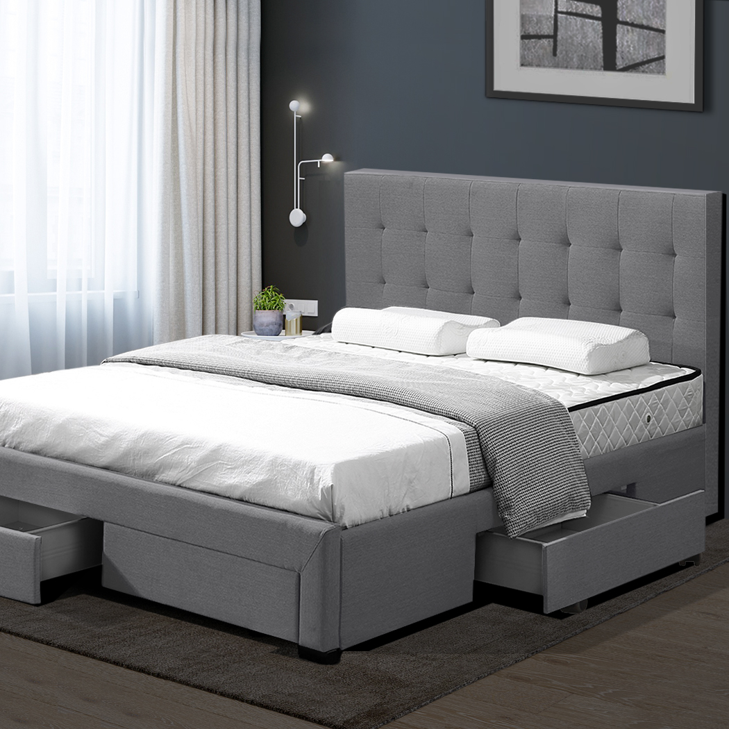 Levede Bed Frame Double Fabric With Drawers Storage Wooden Mattress Grey