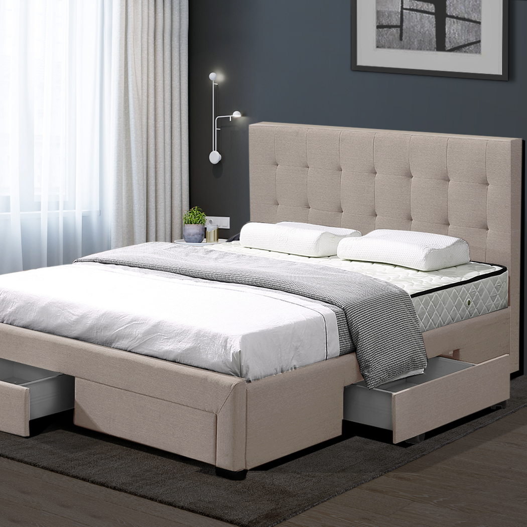 Levede Bed Frame Queen Fabric With Drawers Storage Wooden Mattress Beige