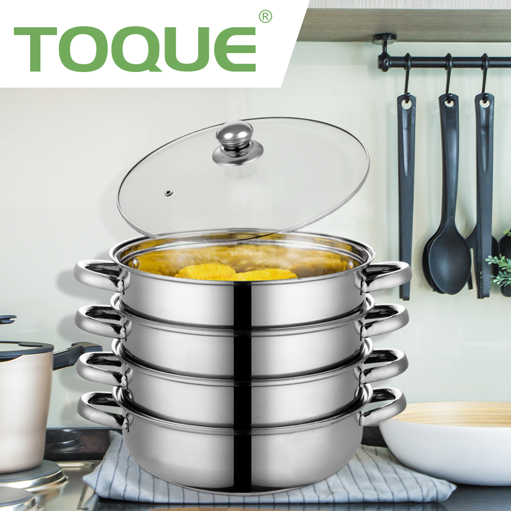 TOQUE Stainless Steel Steamer Meat Vegetable Cookware Hot Pot Kitchen 4 Tier