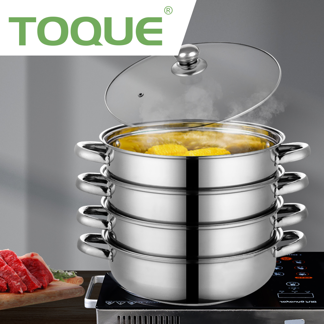 TOQUE Stainless Steel Steamer Meat Vegetable Cookware Hot Pot Kitchen 4 Tier