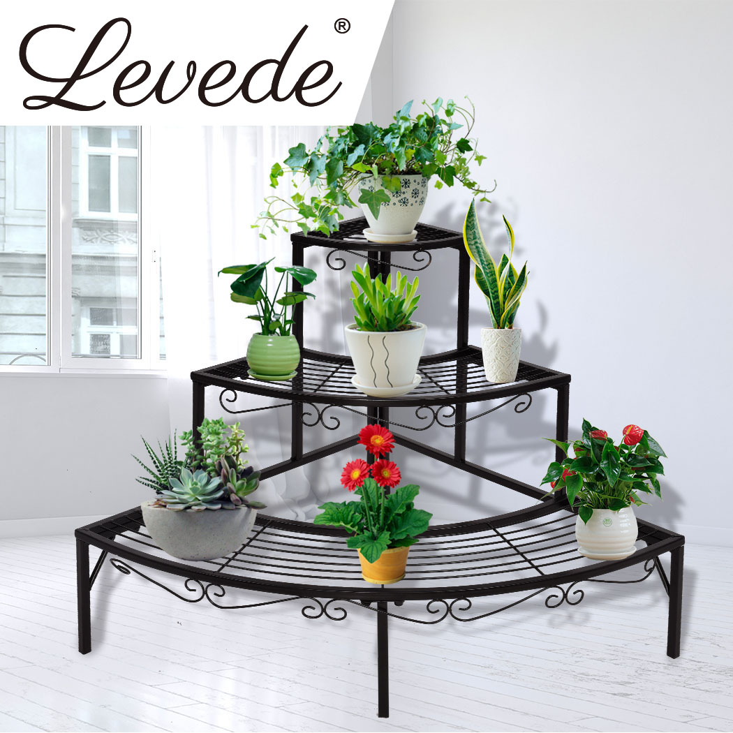 Levede Plant Stands Outdoor Indoor Metal Black Flower Pot 3 Garden Corner Shelf