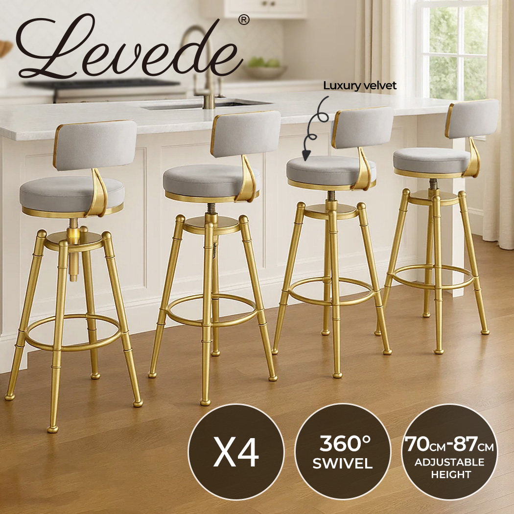 Levede 1/2/4x Bar Stools Swivel Barstool Velvet Kitchen Counter Adjustable Stool - Picture 21 of 22